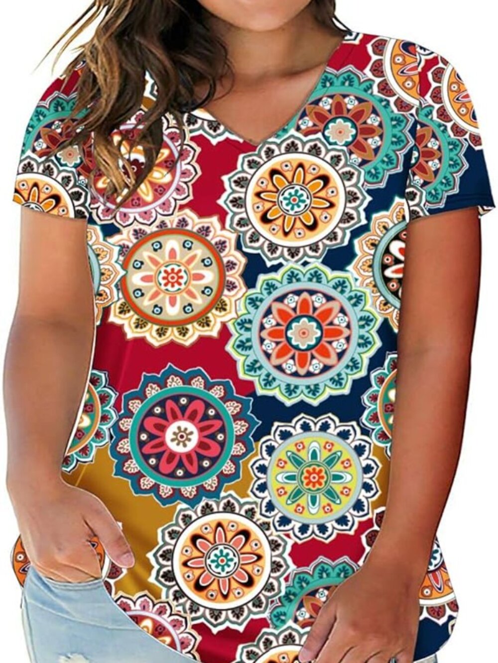 ROSRISS Tunic Casual V Neck Short Sleeve Blouse Size 22W Geometric Flowers Multi
